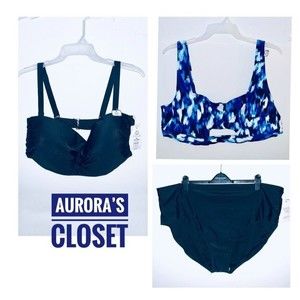 Time Tru 3X Black Bikini Top Bottom Full Coverage Bandeau 3 PC Set NWT $57